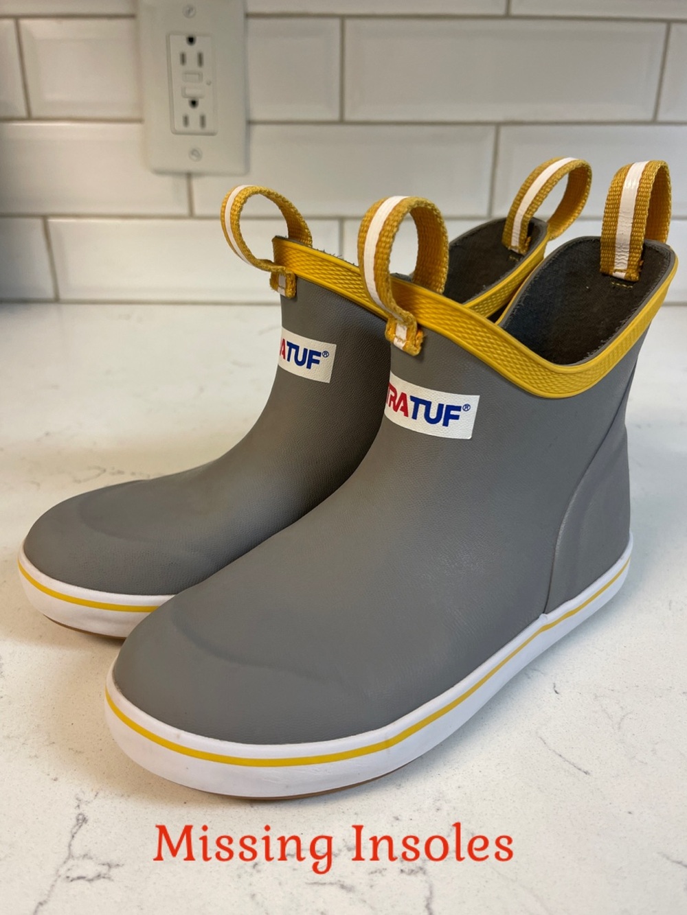 XTRATUF Kids' Ankle Deck Boot Kids Gray Rain Boots with Yellow Trim Size 13